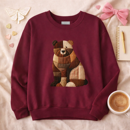 Patchwork Bear Sweatshirt | Cozy Woodland Animal Crewneck – Ember Heights