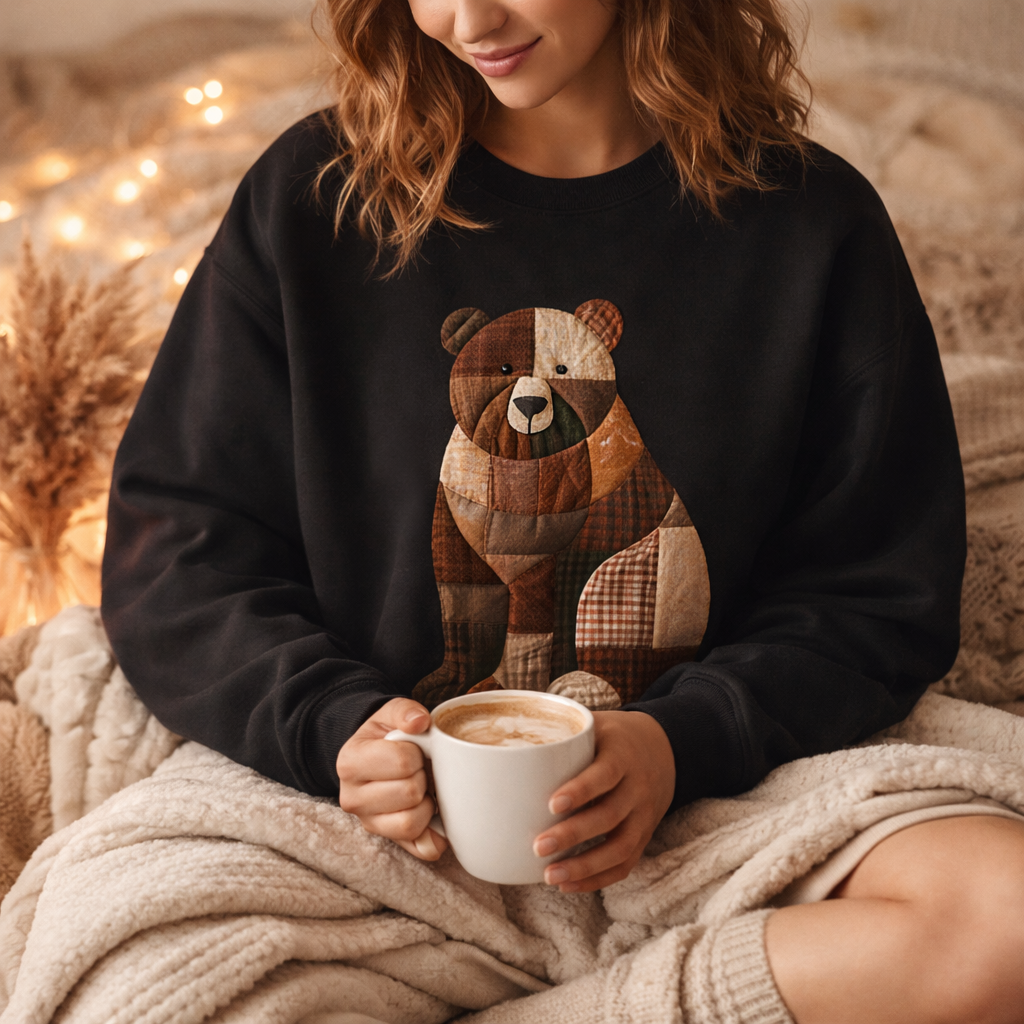 Patchwork Bear Sweatshirt | Cozy Woodland Animal Crewneck – Ember Heights