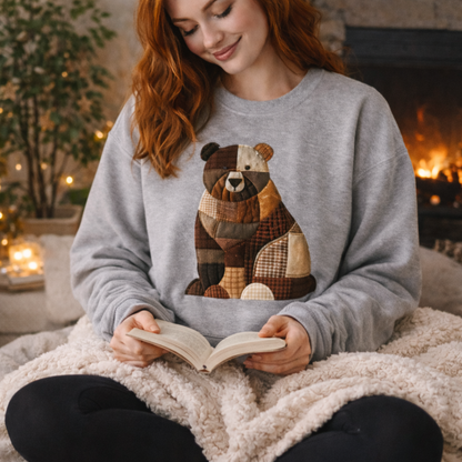 Patchwork Bear Sweatshirt | Cozy Woodland Animal Crewneck – Ember Heights