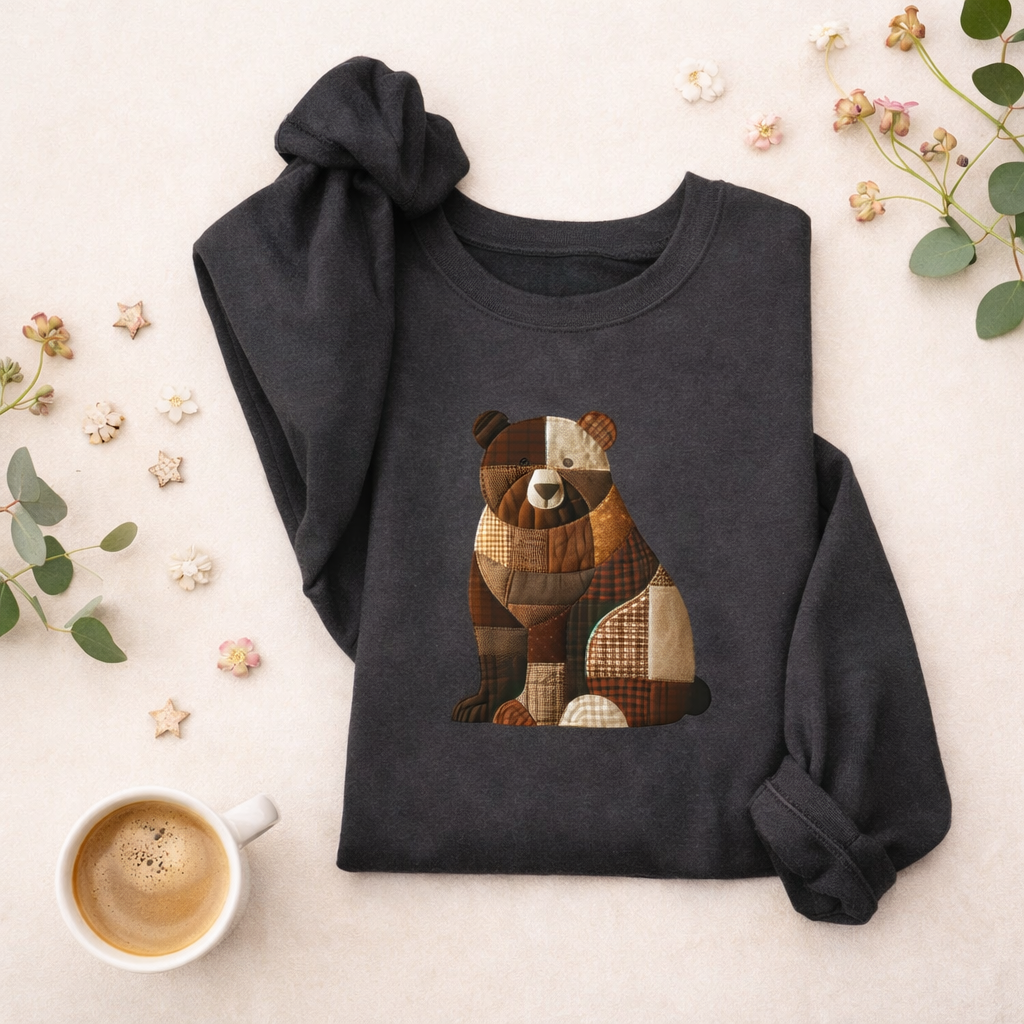 Patchwork Bear Sweatshirt | Cozy Woodland Animal Crewneck – Ember Heights