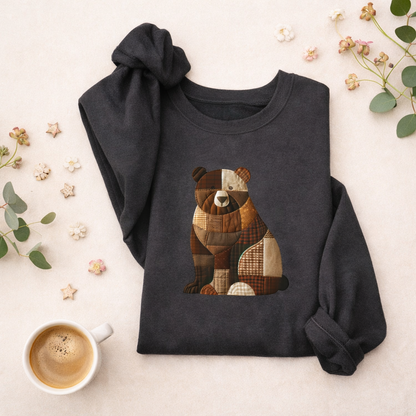 Patchwork Bear Sweatshirt | Cozy Woodland Animal Crewneck – Ember Heights