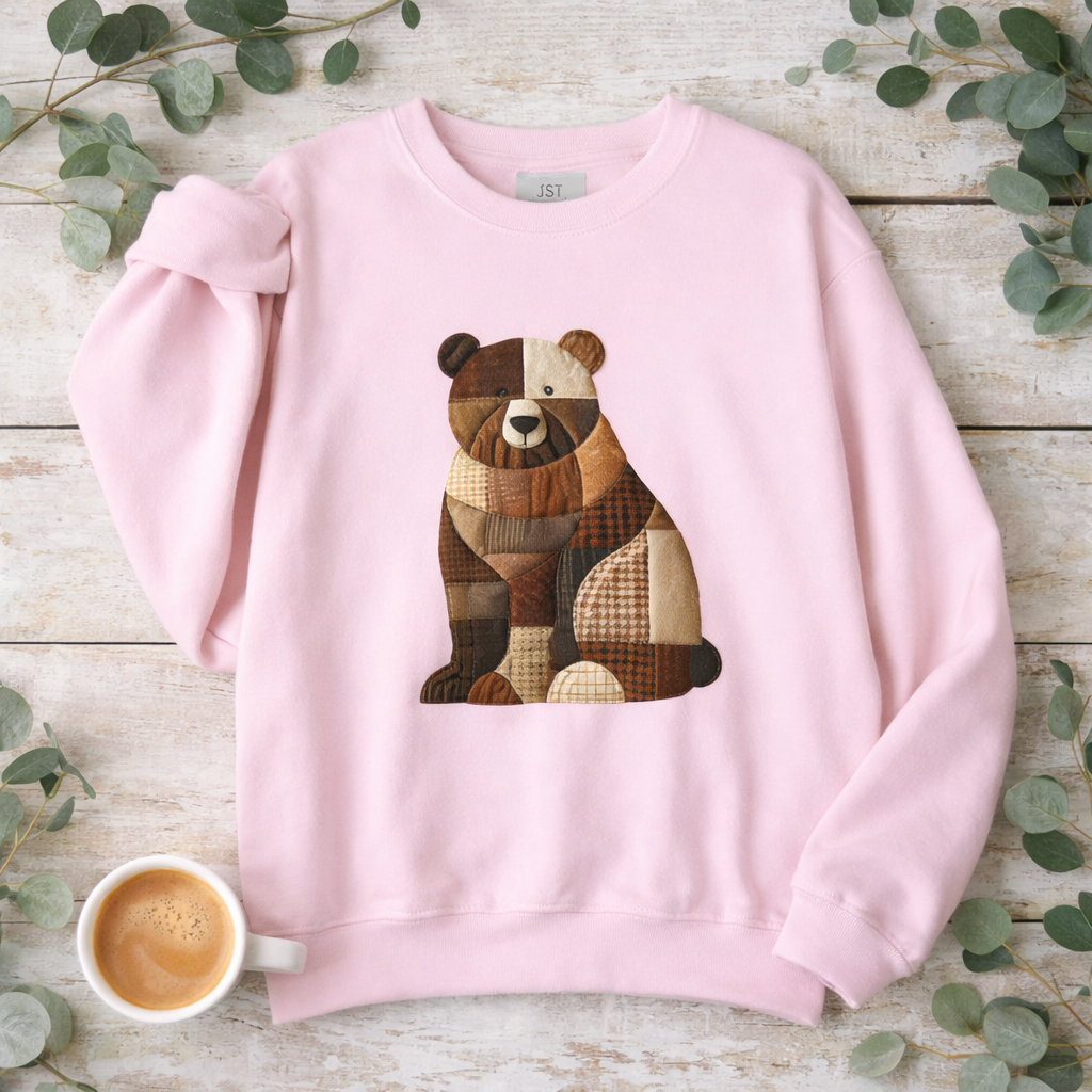 Patchwork Bear Sweatshirt | Cozy Woodland Animal Crewneck – Ember Heights