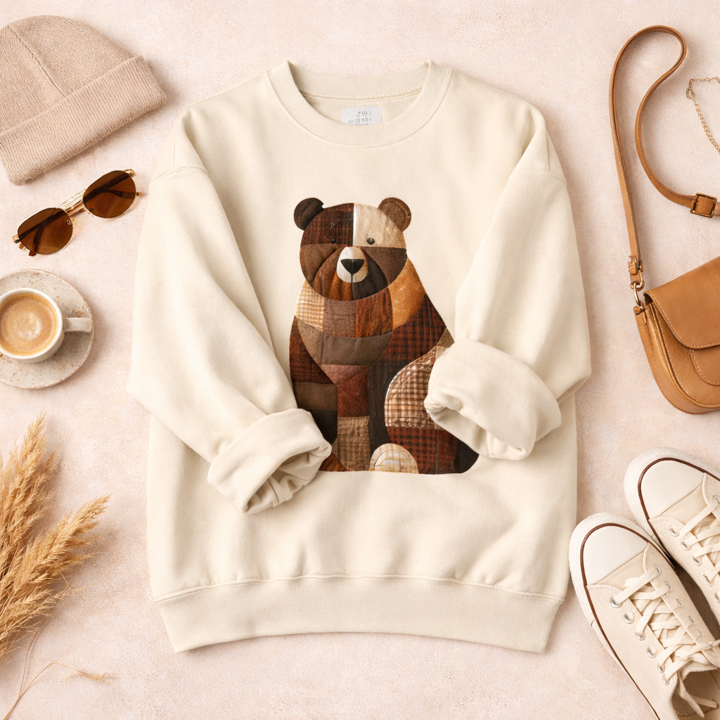 Patchwork Bear Sweatshirt | Cozy Woodland Animal Crewneck – Ember Heights