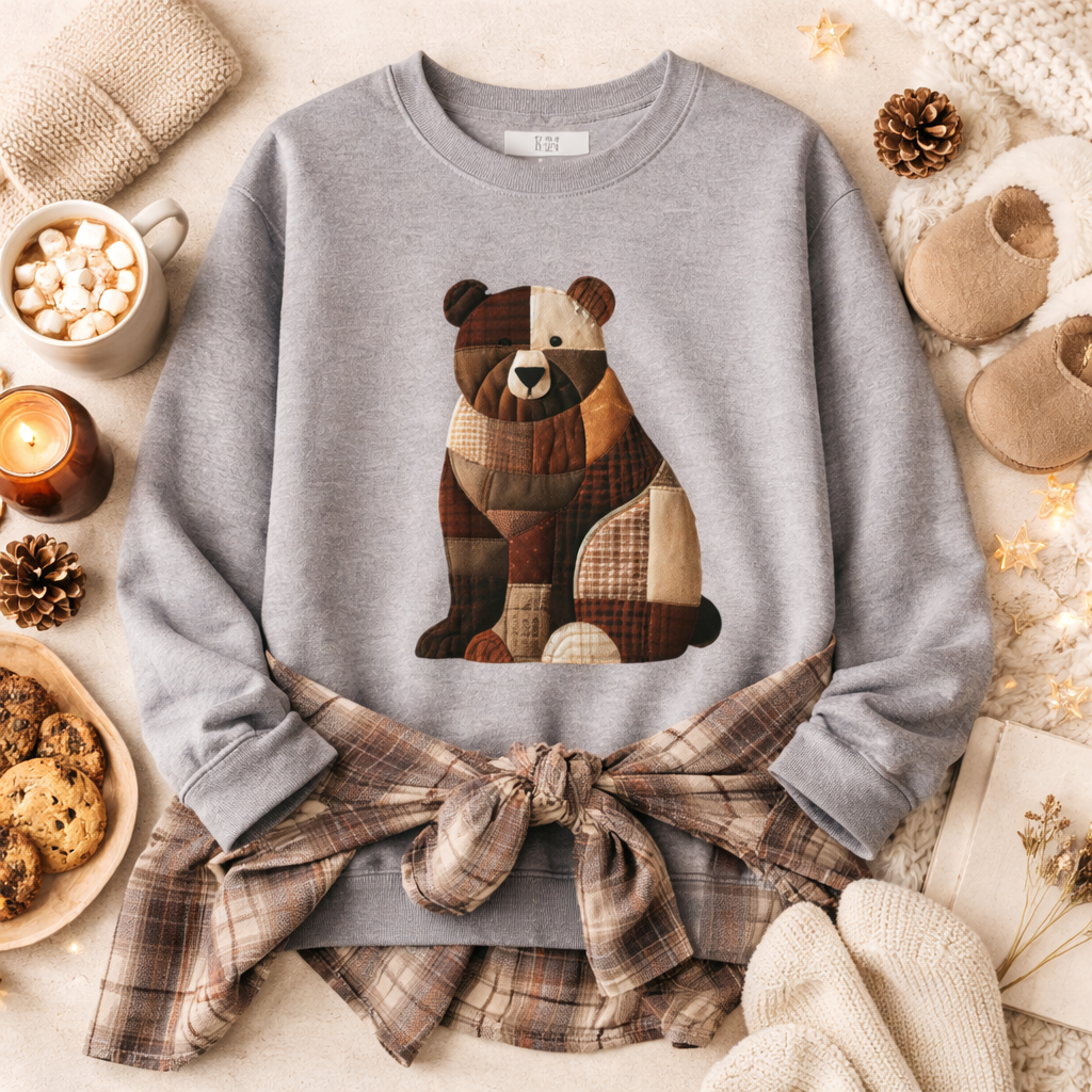 Patchwork Bear Sweatshirt | Cozy Woodland Animal Crewneck – Ember Heights