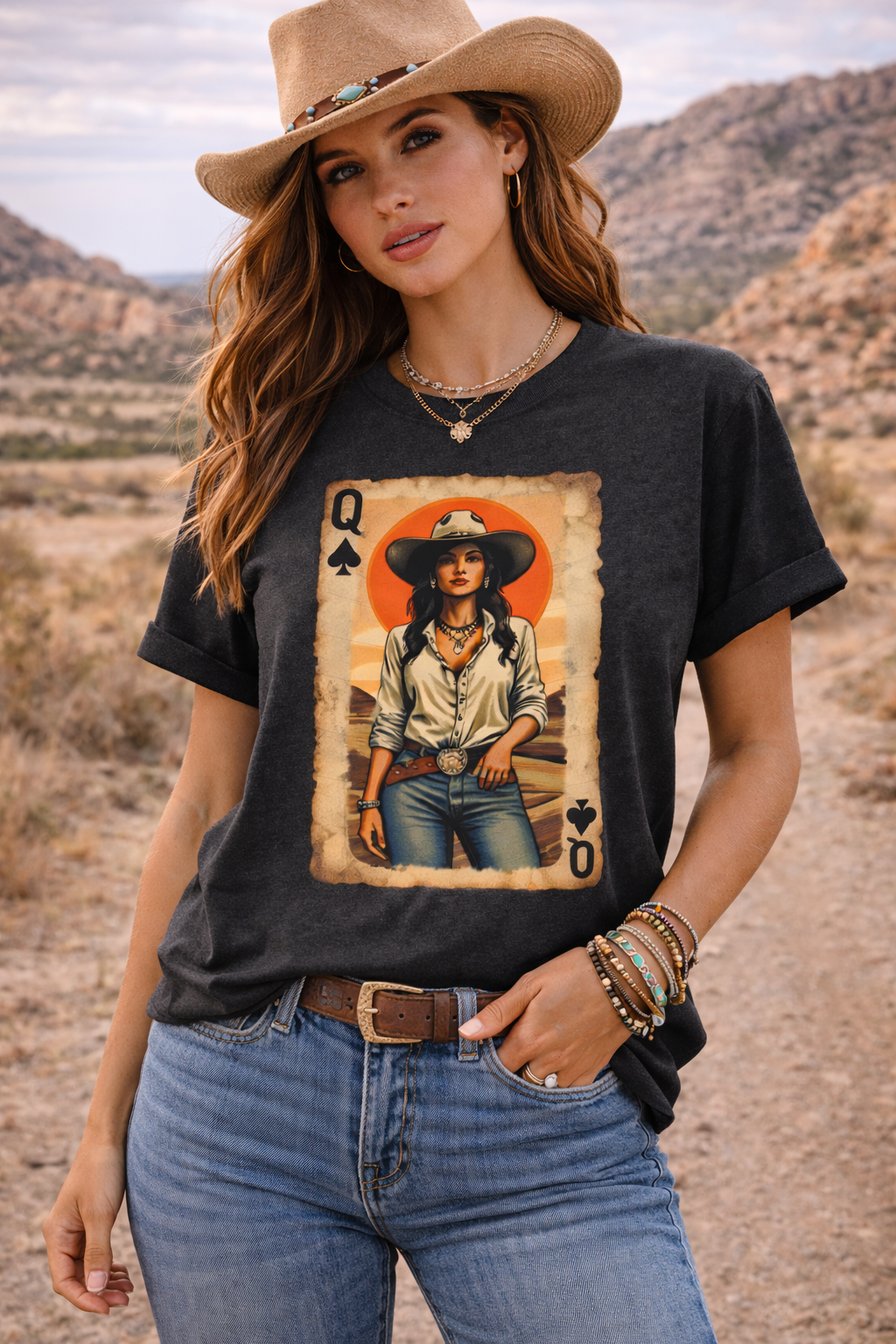 Western Queen of Spades Cowgirl Graphic T-Shirt