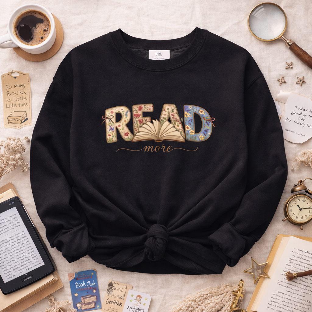 Read More Book Lover Sweatshirt – Cozy Bookish Graphic Crewneck for Readers, Bookworm Aesthetic Fall Pullover