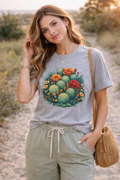 Desert Botanical Cactus Flower T-Shirt | Prickly Pear Plant Graphic Tee