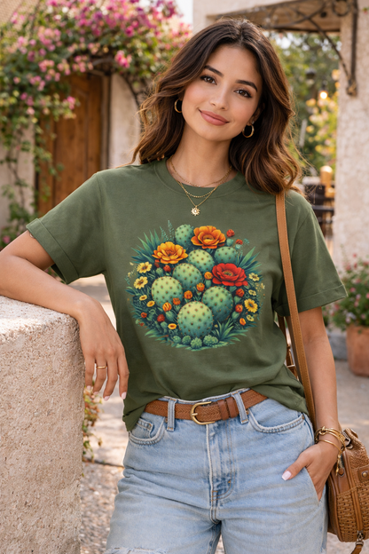 Desert Botanical Cactus Flower T-Shirt | Prickly Pear Plant Graphic Tee