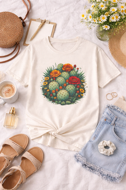 Desert Botanical Cactus Flower T-Shirt | Prickly Pear Plant Graphic Tee