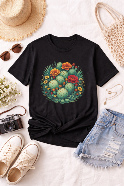 Desert Botanical Cactus Flower T-Shirt | Prickly Pear Plant Graphic Tee