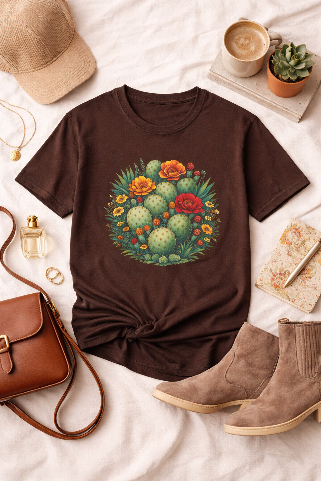 Desert Botanical Cactus Flower T-Shirt | Prickly Pear Plant Graphic Tee