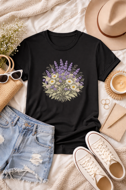 Lavender Daisy Floral Shirt – Wildflower Bouquet Botanical Graphic Tee for Women