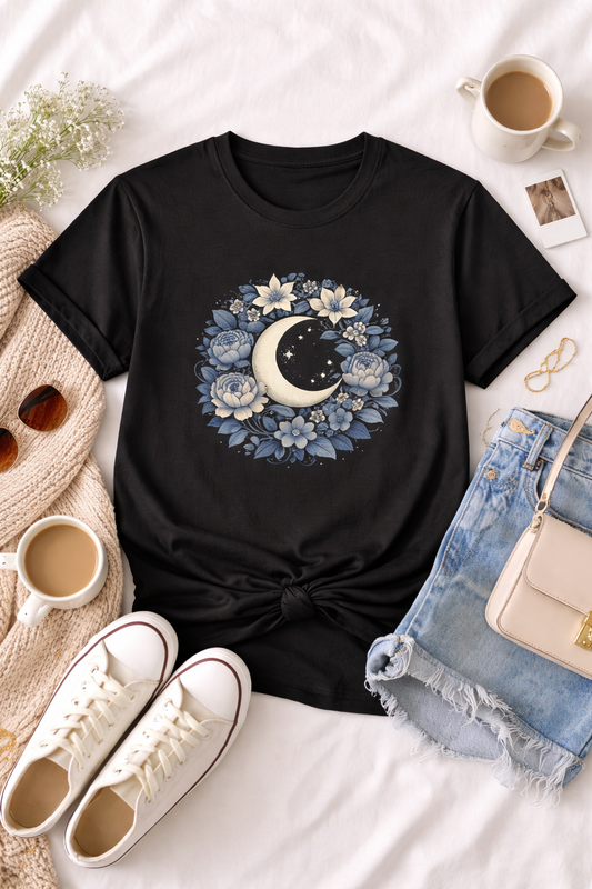 Celestial Crescent Moon Floral Tee – Boho Botanical Cottagecore Graphic T-Shirt