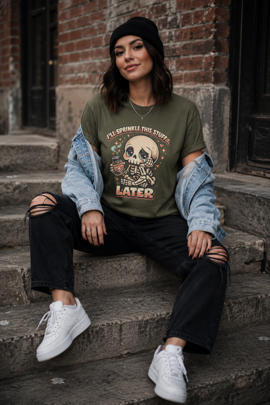 I'll Sprinkle This Stuff Later Skeleton Graphic T-Shirt | Funny Retro Procrastination Tee