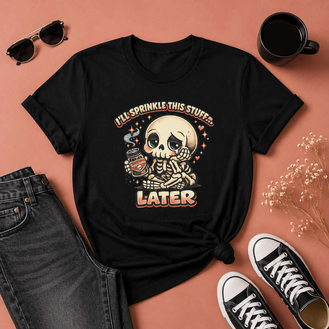 I'll Sprinkle This Stuff Later Skeleton Graphic T-Shirt | Funny Retro Procrastination Tee