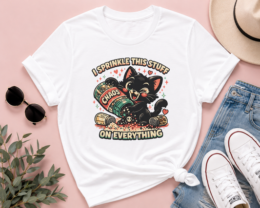 I Sprinkle This Stuff on Everything Cat T-Shirt | Funny Retro Chaos Cat Graphic Tee