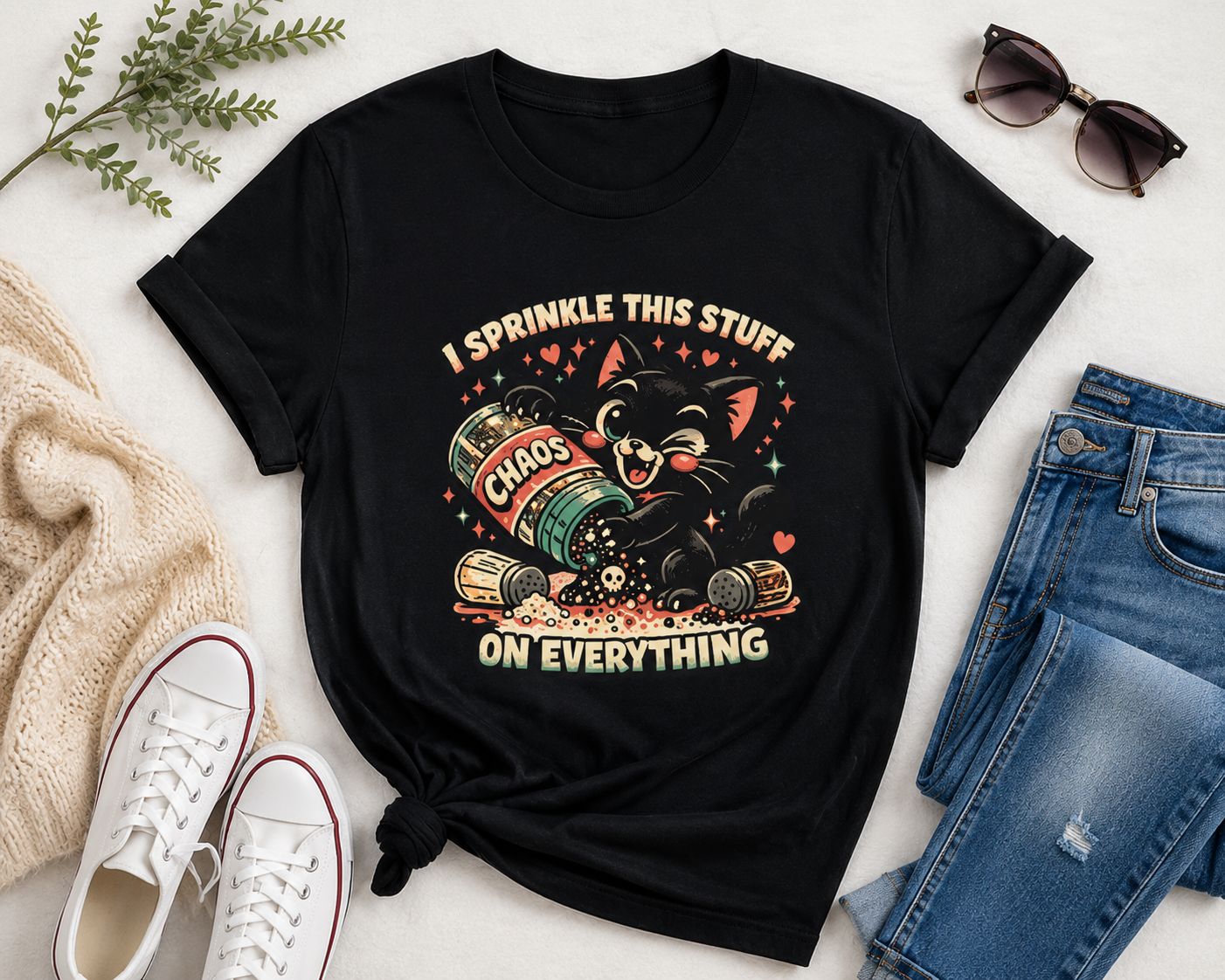 I Sprinkle This Stuff on Everything Cat T-Shirt | Funny Retro Chaos Cat Graphic Tee