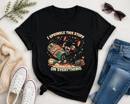 I Sprinkle This Stuff on Everything Cat T-Shirt | Funny Retro Chaos Cat Graphic Tee