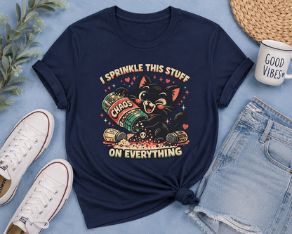 I Sprinkle This Stuff on Everything Cat T-Shirt | Funny Retro Chaos Cat Graphic Tee