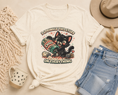 I Sprinkle This Stuff on Everything Cat T-Shirt | Funny Retro Chaos Cat Graphic Tee