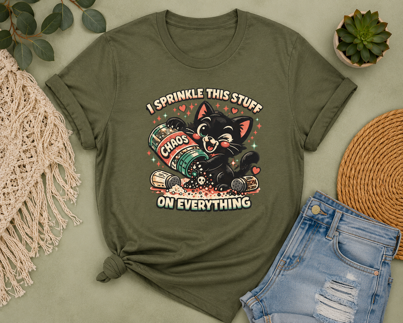 I Sprinkle This Stuff on Everything Cat T-Shirt | Funny Retro Chaos Cat Graphic Tee