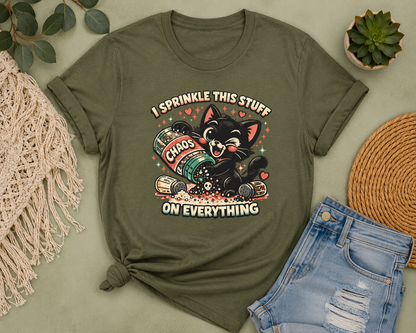 I Sprinkle This Stuff on Everything Cat T-Shirt | Funny Retro Chaos Cat Graphic Tee