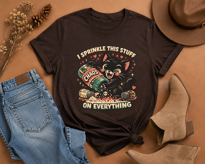 I Sprinkle This Stuff on Everything Cat T-Shirt | Funny Retro Chaos Cat Graphic Tee