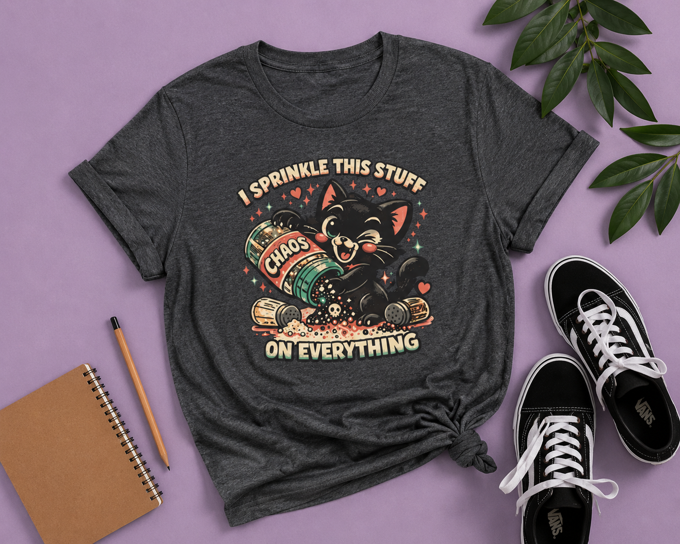 I Sprinkle This Stuff on Everything Cat T-Shirt | Funny Retro Chaos Cat Graphic Tee