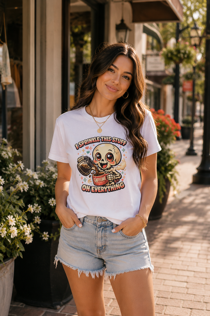 I Sprinkle This Stuff on Everything Coffee Skeleton T-Shirt | Funny Caffeine Lover Graphic Tee