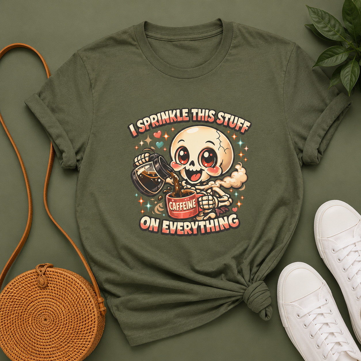 I Sprinkle This Stuff on Everything Coffee Skeleton T-Shirt | Funny Caffeine Lover Graphic Tee