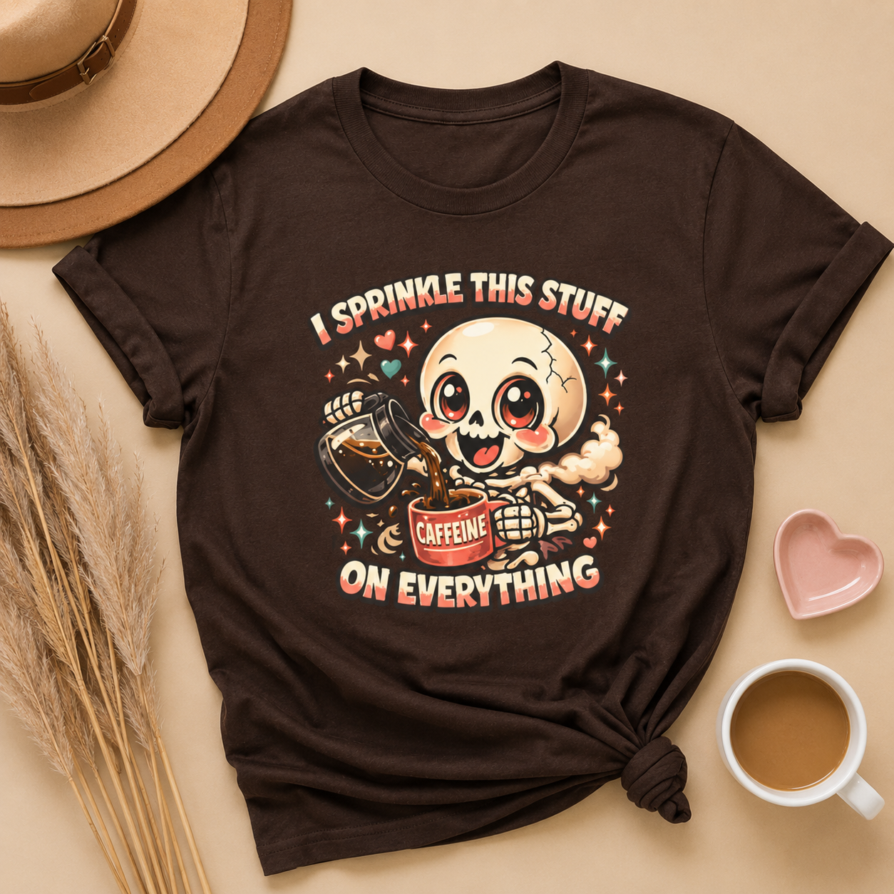 I Sprinkle This Stuff on Everything Coffee Skeleton T-Shirt | Funny Caffeine Lover Graphic Tee