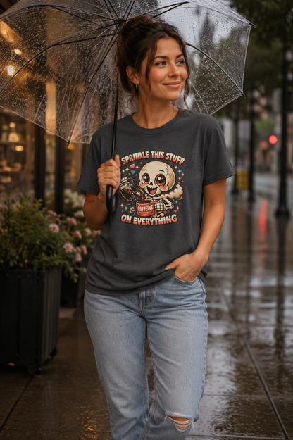 I Sprinkle This Stuff on Everything Coffee Skeleton T-Shirt | Funny Caffeine Lover Graphic Tee