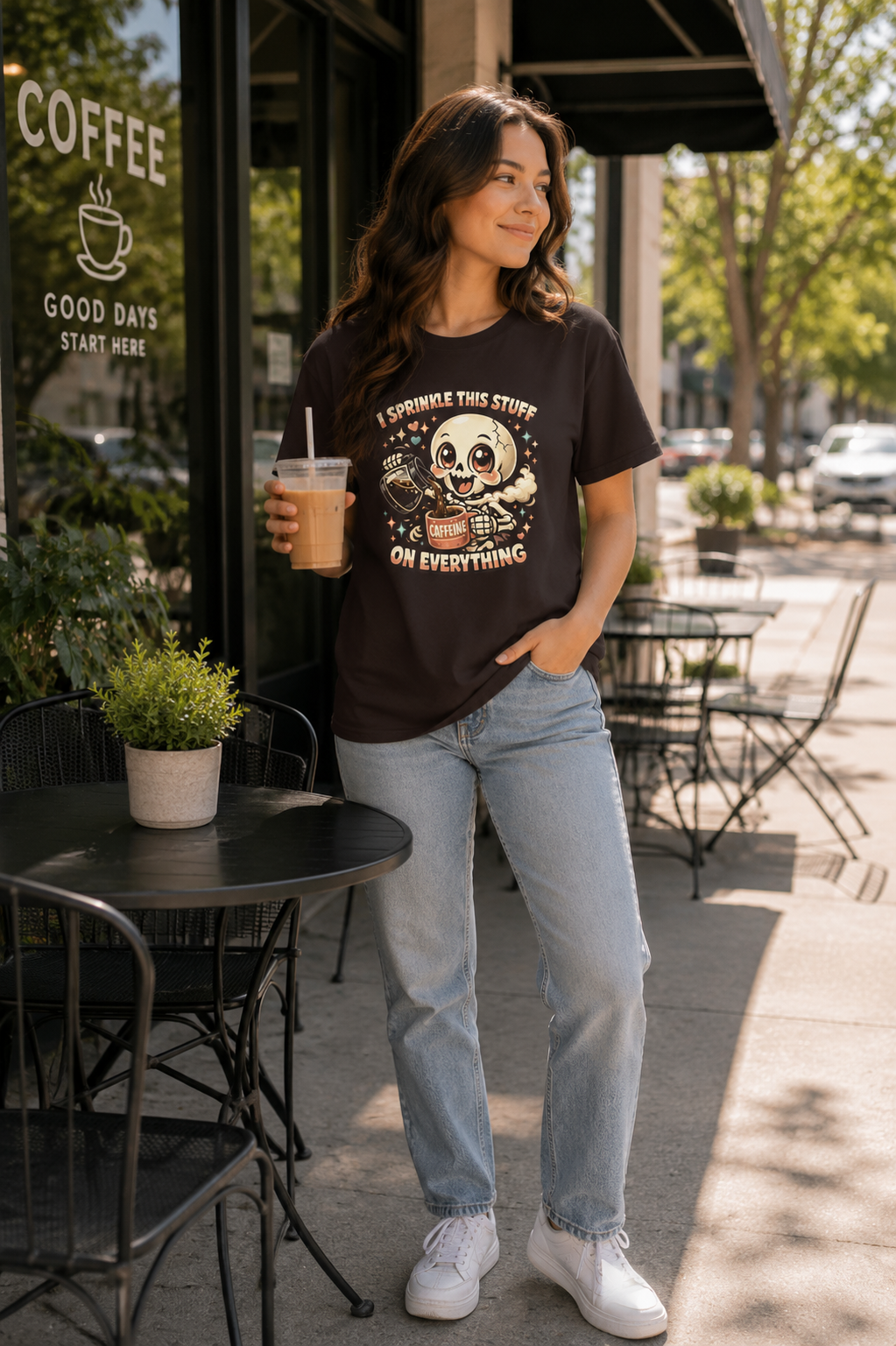 I Sprinkle This Stuff on Everything Coffee Skeleton T-Shirt | Funny Caffeine Lover Graphic Tee