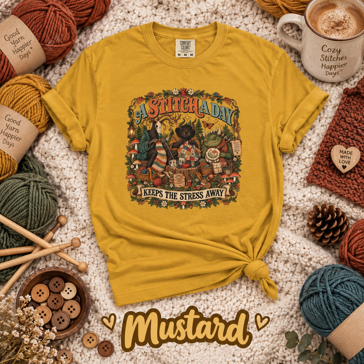 A Stitch a Day Keeps the Stress Away T-Shirt | Cozy Cryptid Craft Tee