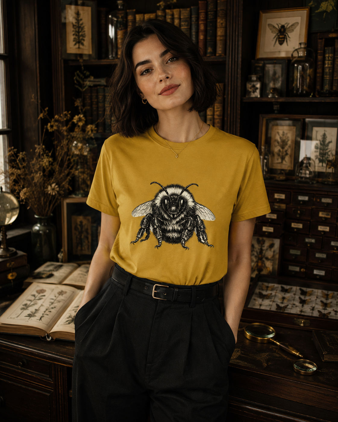 Vintage Bumblebee Botanical Illustration Graphic T-Shirt