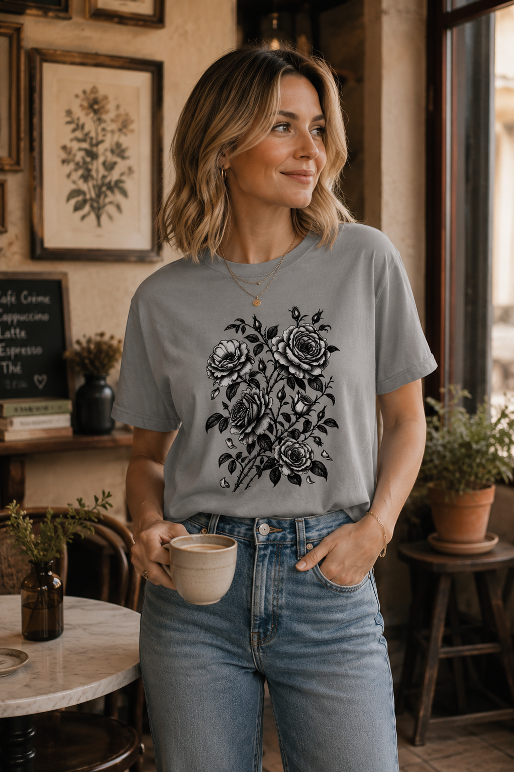 Vintage Rose T-Shirt | Black & White Botanical Floral Tee