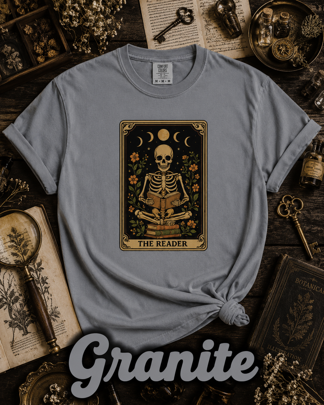 The Reader Skeleton Book Lover Tarot Graphic T-Shirt