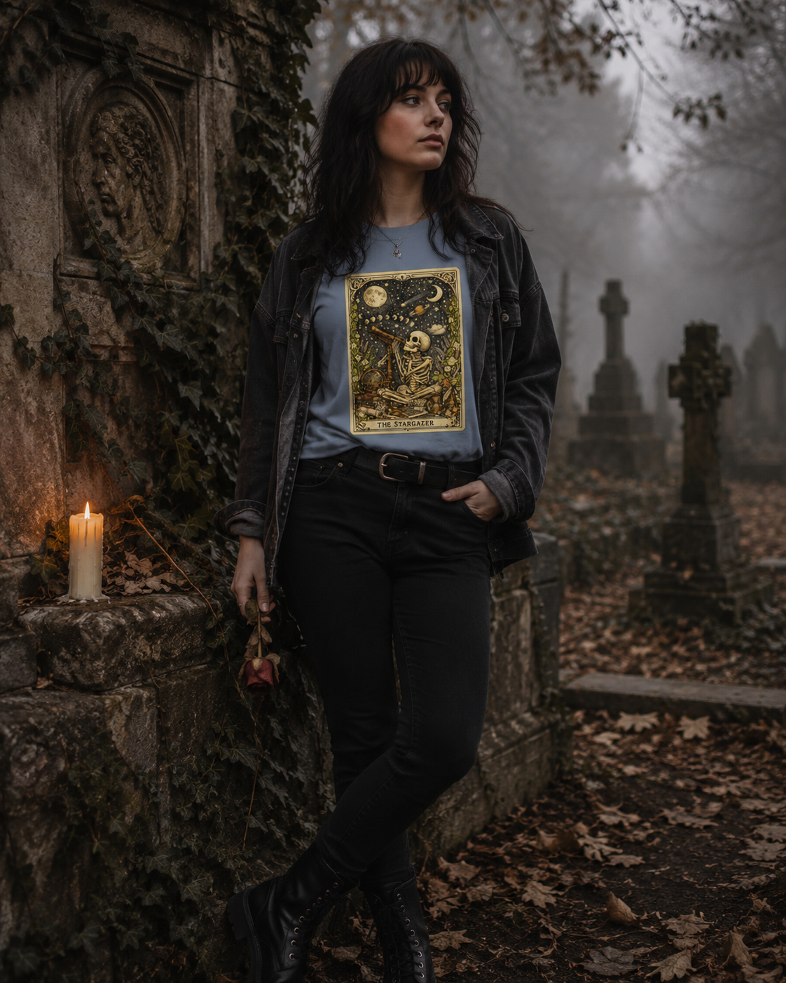 The Stargazer Tarot Skeleton T-Shirt | Celestial Gothic Mystic Graphic Tee