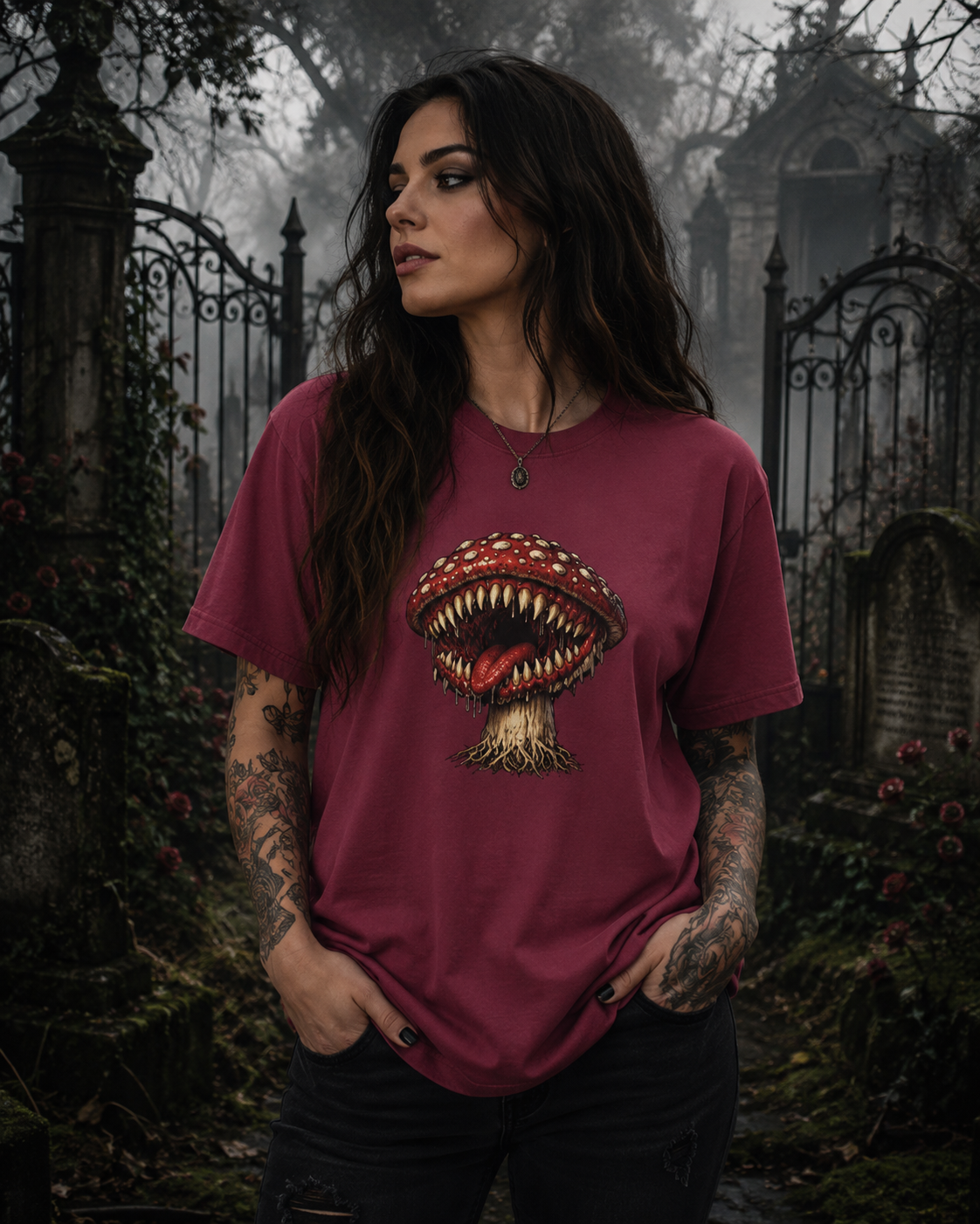 Horror Mushroom T-Shirt, Carnivorous Mushroom Graphic Tee, Gothic Nature Shirt, Creepy Forest Monster, Halloween Gift