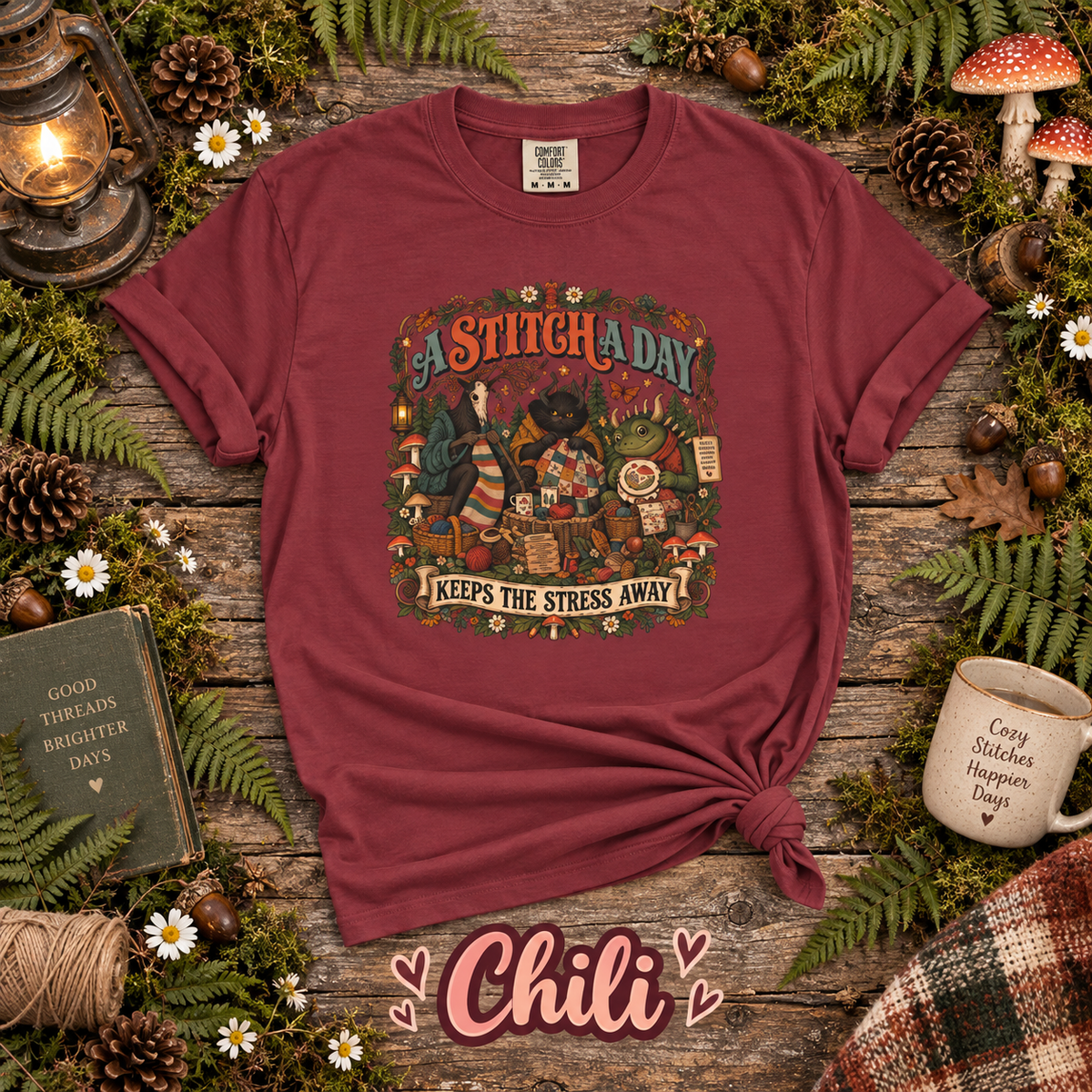 A Stitch a Day Keeps the Stress Away T-Shirt | Cozy Cryptid Craft Tee