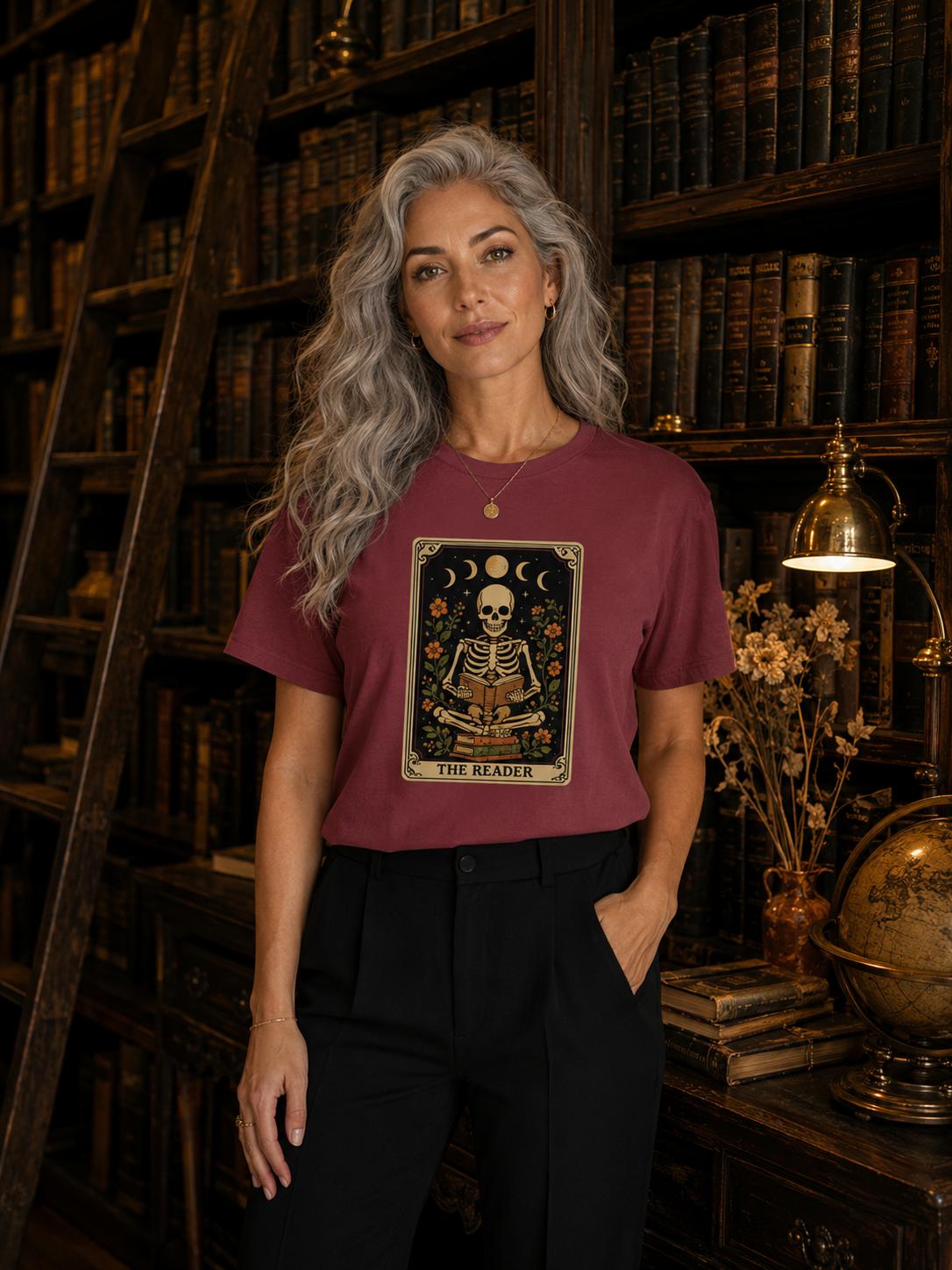 The Reader Skeleton Book Lover Tarot Graphic T-Shirt