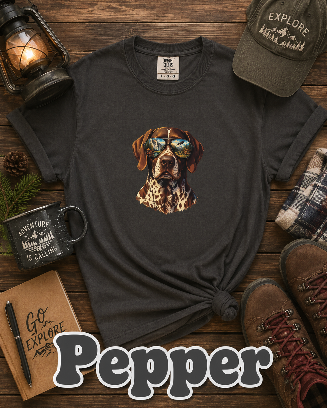 Adventure German Shorthaired Pointer Graphic T-Shirt | Scenic Aviator Dog Lover Tee | Outdoors & Hunting Dog Shirt