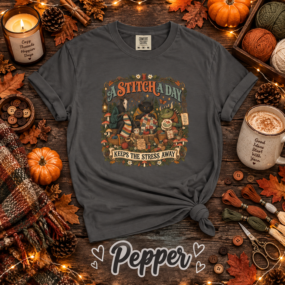 A Stitch a Day Keeps the Stress Away T-Shirt | Cozy Cryptid Craft Tee