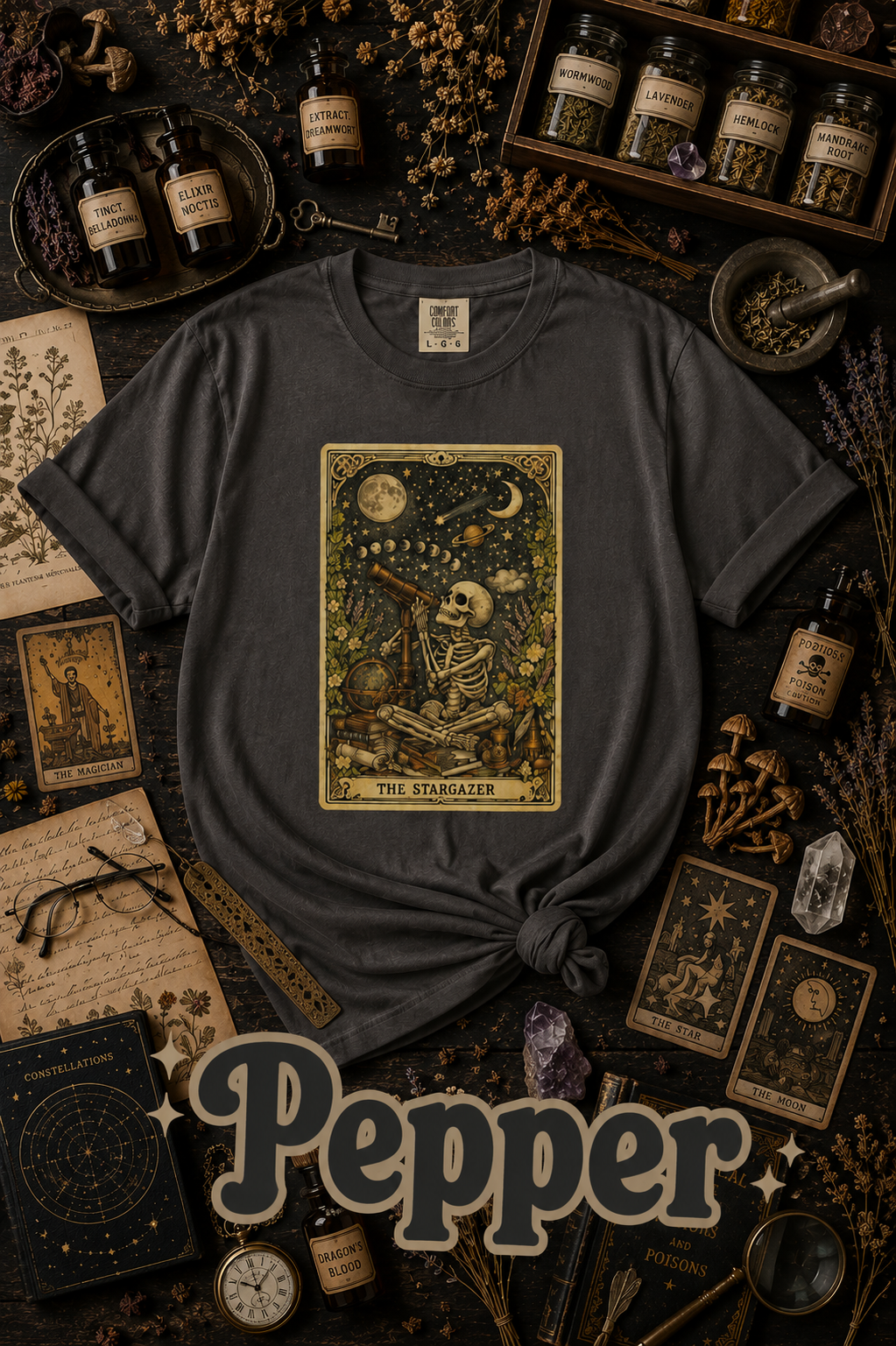 The Stargazer Skeleton Celestial Tarot Graphic T-Shirt