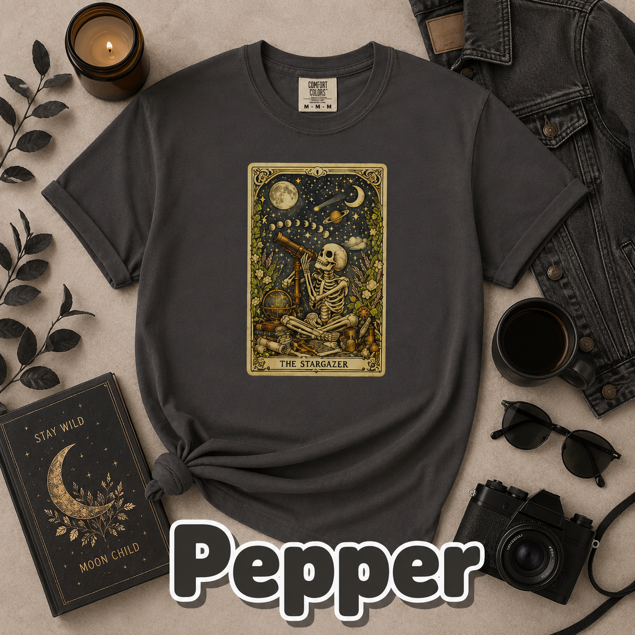 The Stargazer Tarot Skeleton T-Shirt | Celestial Gothic Mystic Graphic Tee