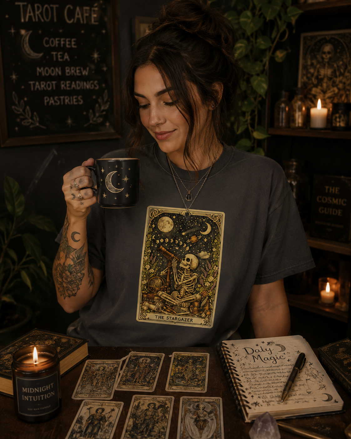 The Stargazer Tarot Skeleton T-Shirt | Celestial Gothic Mystic Graphic Tee