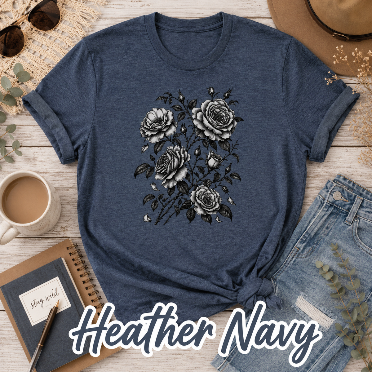 Vintage Rose T-Shirt | Black & White Botanical Floral Tee