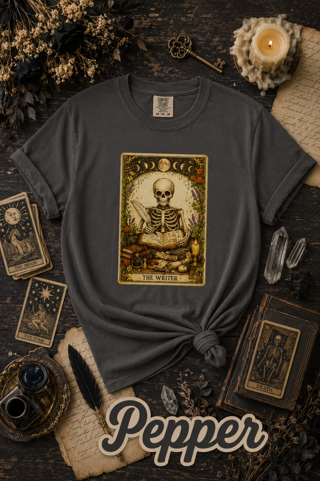 The Writer Skeleton Tarot Card Graphic T-Shirt