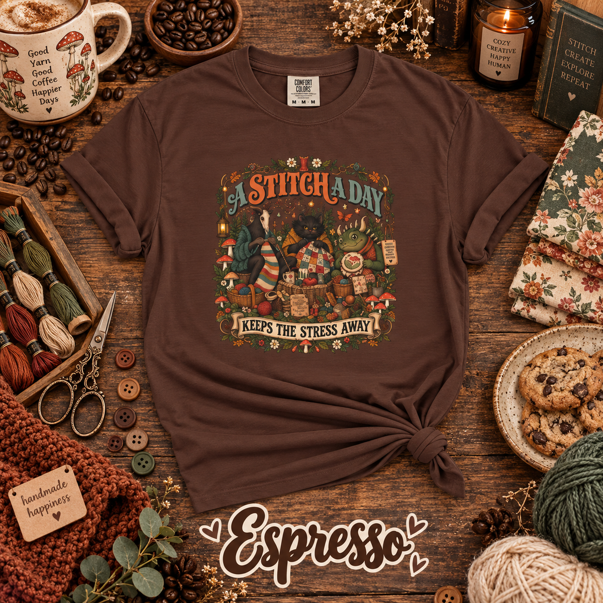 A Stitch a Day Keeps the Stress Away T-Shirt | Cozy Cryptid Craft Tee