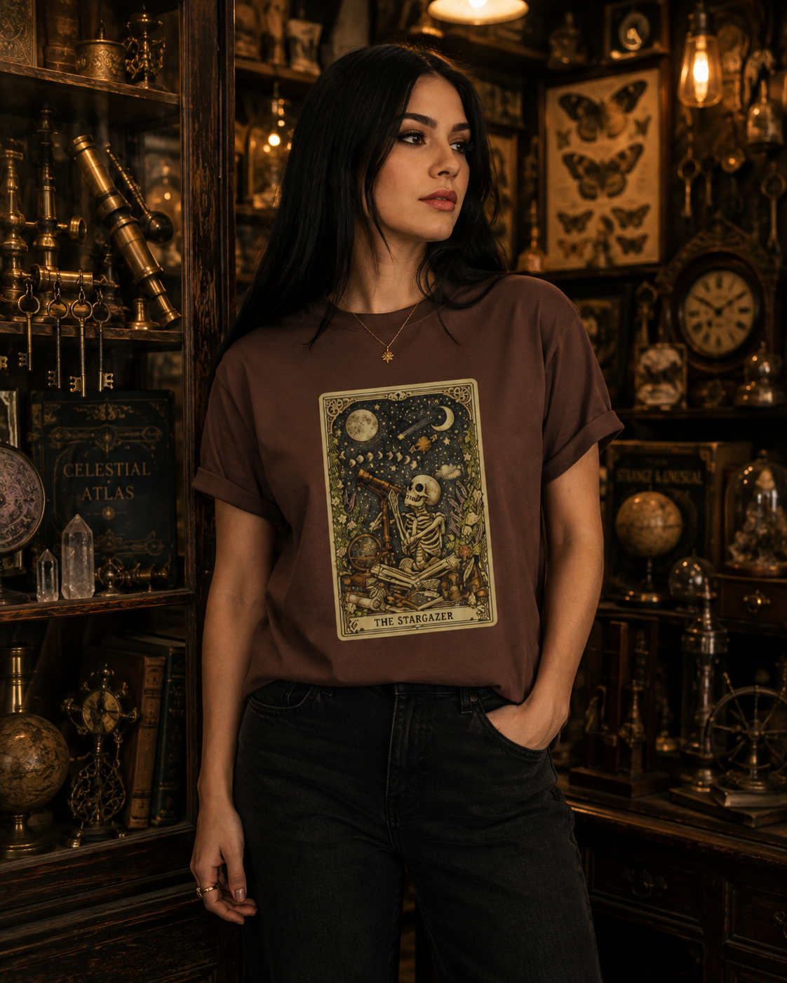 The Stargazer Skeleton Celestial Tarot Graphic T-Shirt